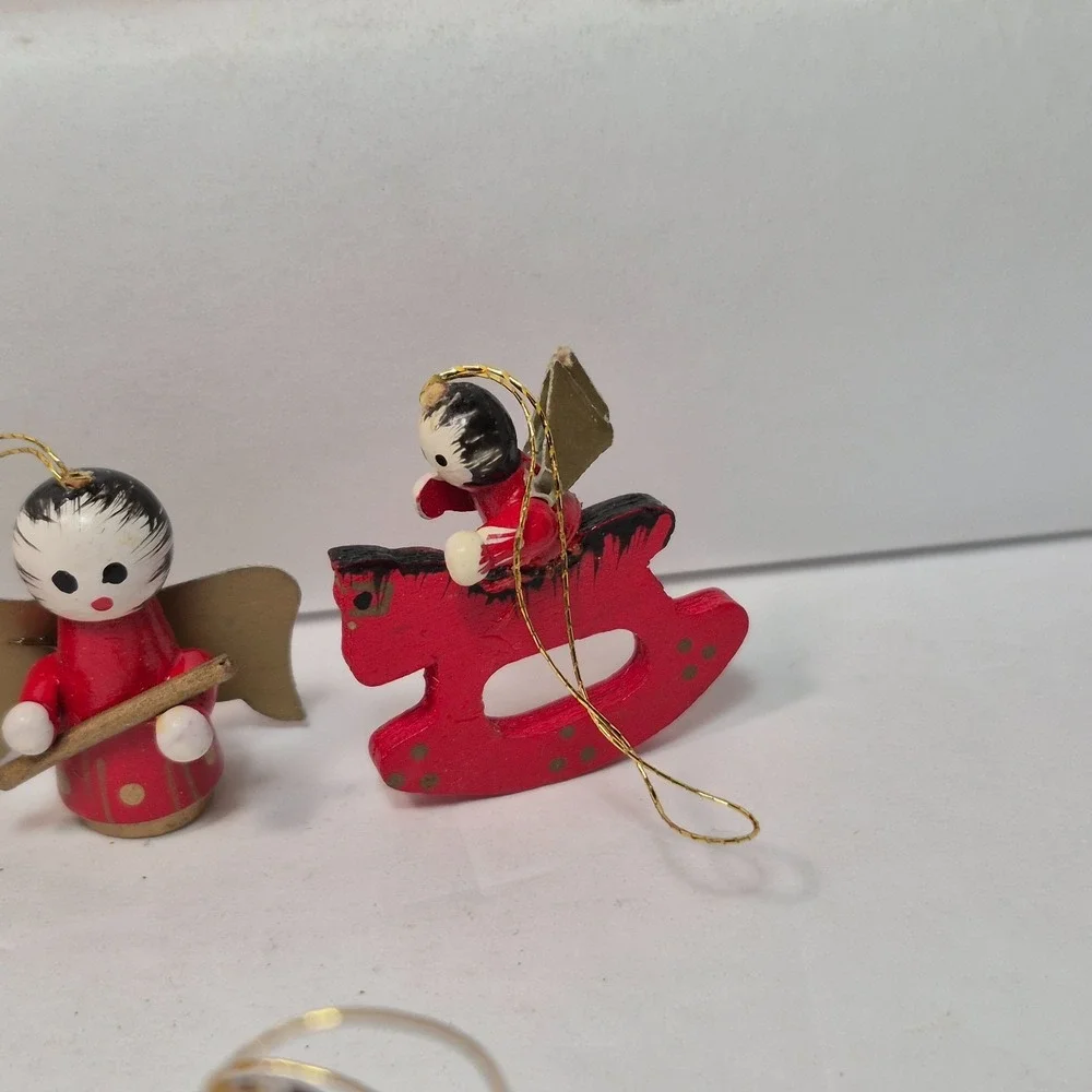 Vintage Miniature Angel Ornaments Lot Of 10 Mini Wooden Red Gold Christmas